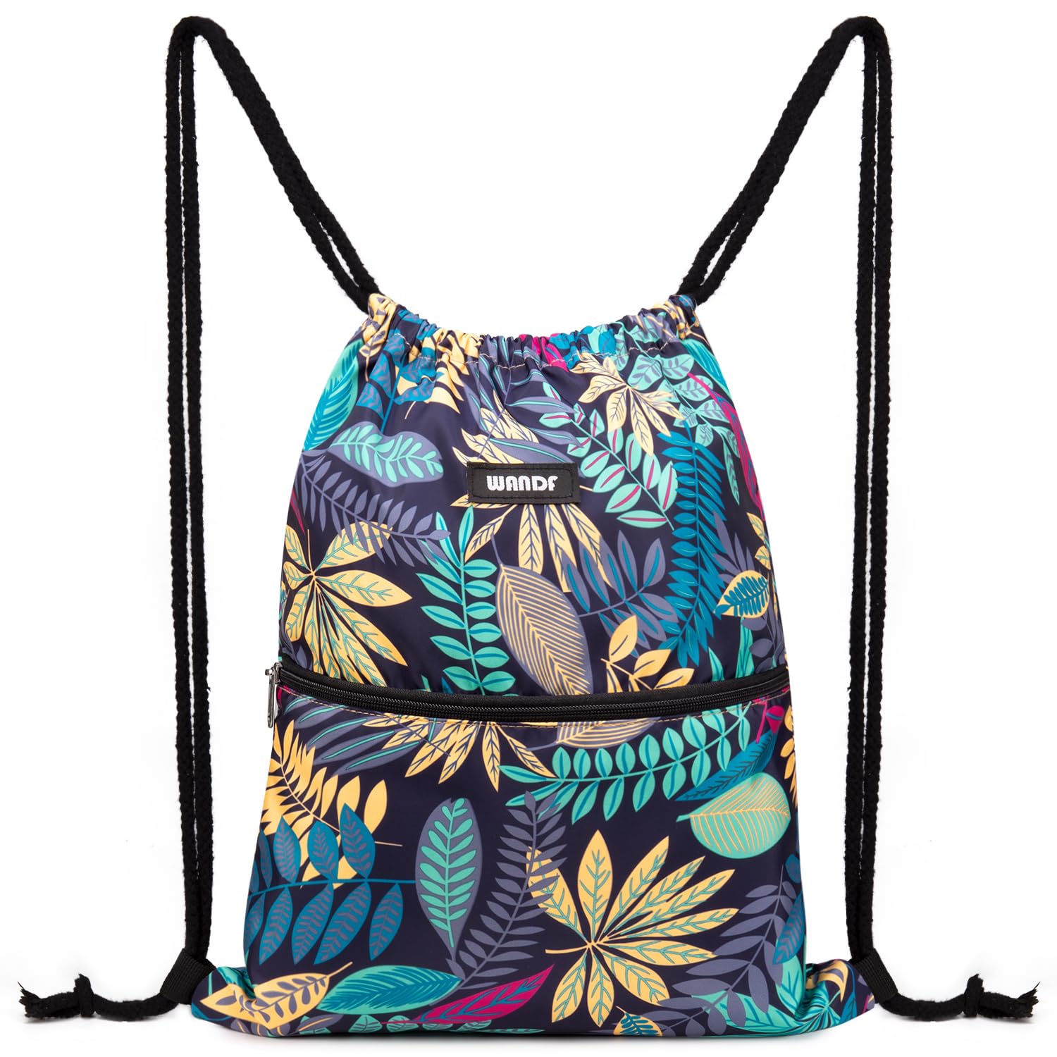 WANDF Drawstring Backpack String Bag Sackpack Cinch Water Resistant Nylon for Gym Shopping Sport Yoga (Blue Leaf) — image 1