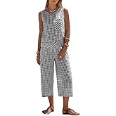 EXLURA Womens Summer 100% Cotton 2 Piece Outfits Striped Sleeveless Top Capri Wide Leg Pants Sets Faux Linen Beach Vacation