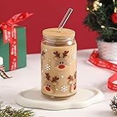 Christmas Reindeer Cup, 16oz Clear Glass Cups with Lids and Straws, Cute Glass Cups for Women, Reindeer Pattern Design, Reusable Drinking Cup with Bamboo Lids, Santa Christmas Gifts for Women