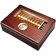 Puffaland Cigar Humidor Box Cigar Case Desktop Box Cedar Wood Cigar Box Gift for 20-25 Cigars with Glass Top and Digital Hygrometer,Brown