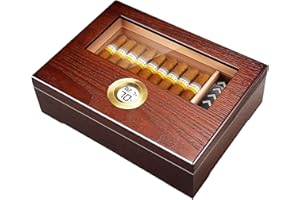 Puffaland Cigar Humidor Box Cigar Case Desktop Box Cedar Wood Cigar Box Gift for 20-25 Cigars with Glass Top and Digital Hygrometer,Brown