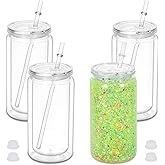 16 oz Plastic Snow Globe Tumbler, 4 Pack Double Wall Snowglobe Tumbler with Pre Drilled Hole, Plastic Mason Jar Cups Can for Snow Globe Glitter DIY ( Clear )