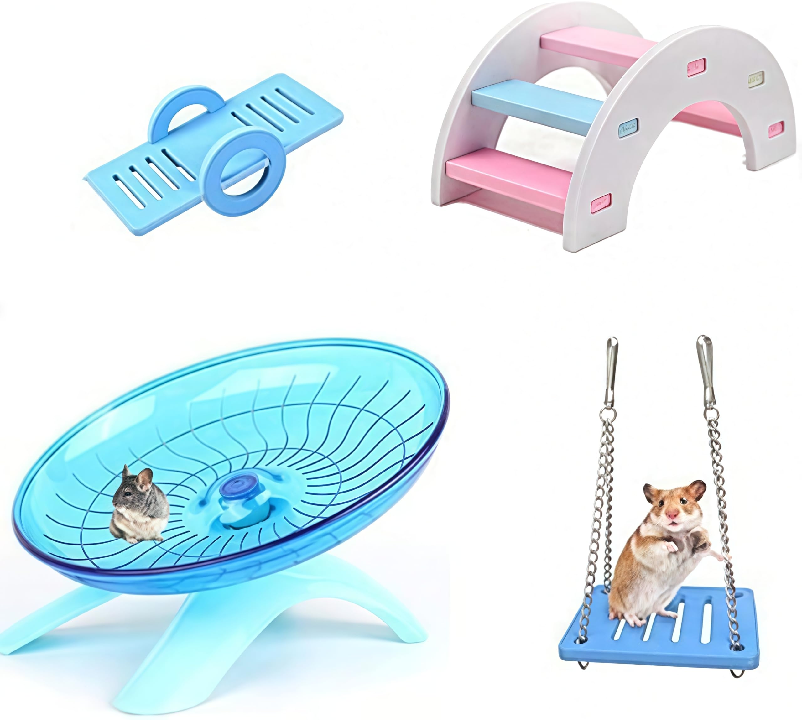 Loopunk 4 Pieces Adorable Play Toys for Hamsters, Hamster Running Wheel, Rainbow Bridge and Swing Climbing and Playing, Toy for Small Animals Breaking Boredom, Hamster Cage