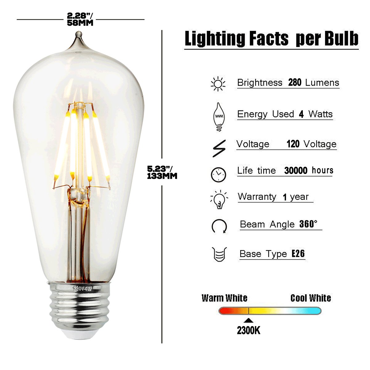 Judy Lighting - 4-Pack Dimmable LED Edison Light Bulb E26 Standard Medium Base (4W LED Warm White)