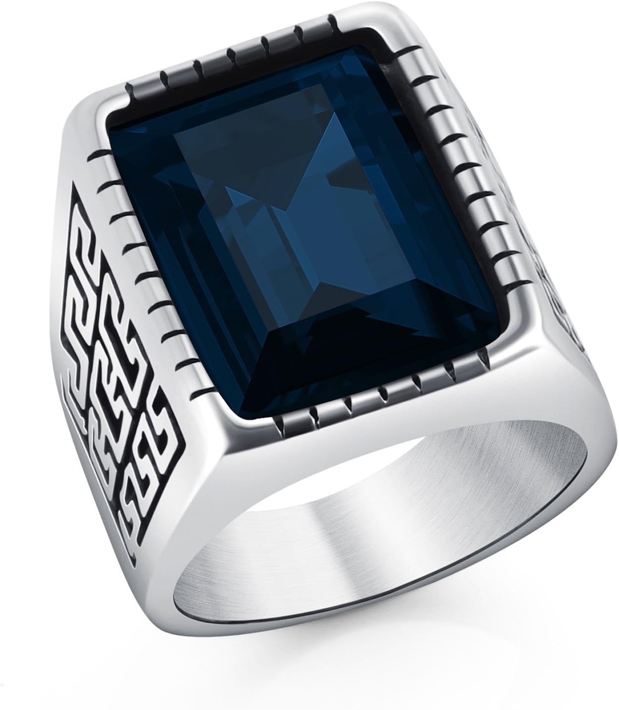 DALARAN Men's Silver Plated Vintage Great Wall Pattern Rectangular Blue Crystal CZ Signet Ring Size 8