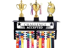 A ANSLCA Medal Hanger Display & Trophy Holder - ANSLCA 15.8 x 7'' Medal Holder and Trophy Display Hanger Rack Frame Easy to Install Wall Mount for Boys & Girls Displaying Over 70 Medals and 4 Trophies