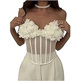 MakeMeChic Women's 3D Flower Sheer Strapless Tube Crop Tops Sleeveless Going Out Bustier Corset Tank