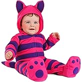 Infant Cheshire Cat Costume | Striped Fleece Jumpsuit with Hood, Tail, and Footies for Halloween and Storybook Playtime