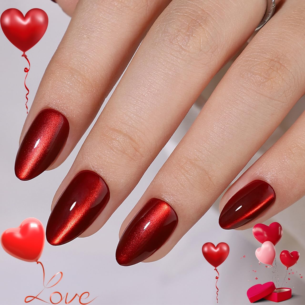 CUZIAM Red Magnet Cat Eyes Press on Nails Short Almond, Aurora Mirror Red Soft Gel Stick on Nails with Nail Glue, 32pcs 16 Sizes Glossy Glitter Reusable Nails for Her Cat Eye Red