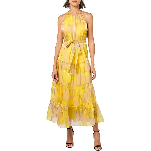 BCBG New York Women's Sleeveless Halter Neck Tiered Maxi