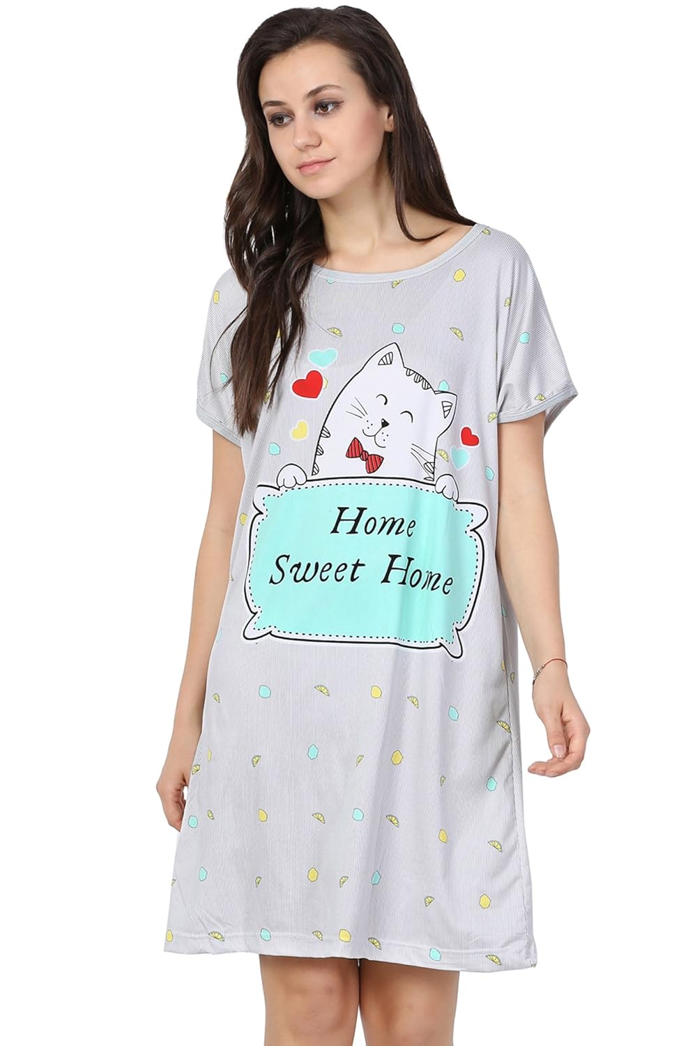 fflirtygo long t-shirts dress for women,multi-coloured nightwear with home sweet home graphic print in grey color,soft cotton for women