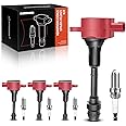 A-Premium Set of 4 (Red) Ignition Coil Pack and Iridium Spark Plugs Compatible with Nissan Altima Sentra 2002-2006, X-Trail 2005-2006 L4 2.5L