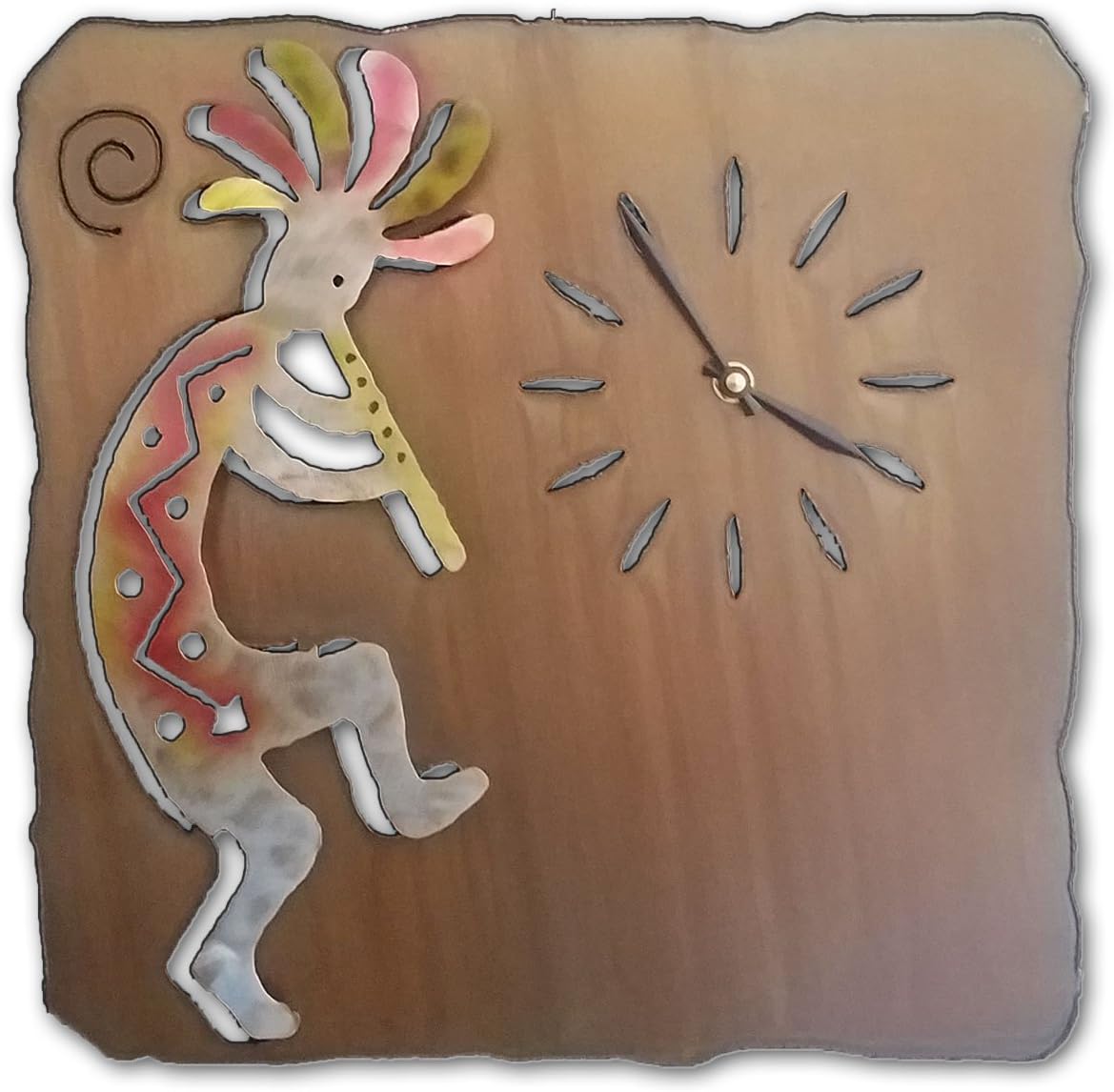 Southwest Wall Clock - Dancing Kokopelli - 13-inches Square - Sunset Swirl Finish - Crafted in USA