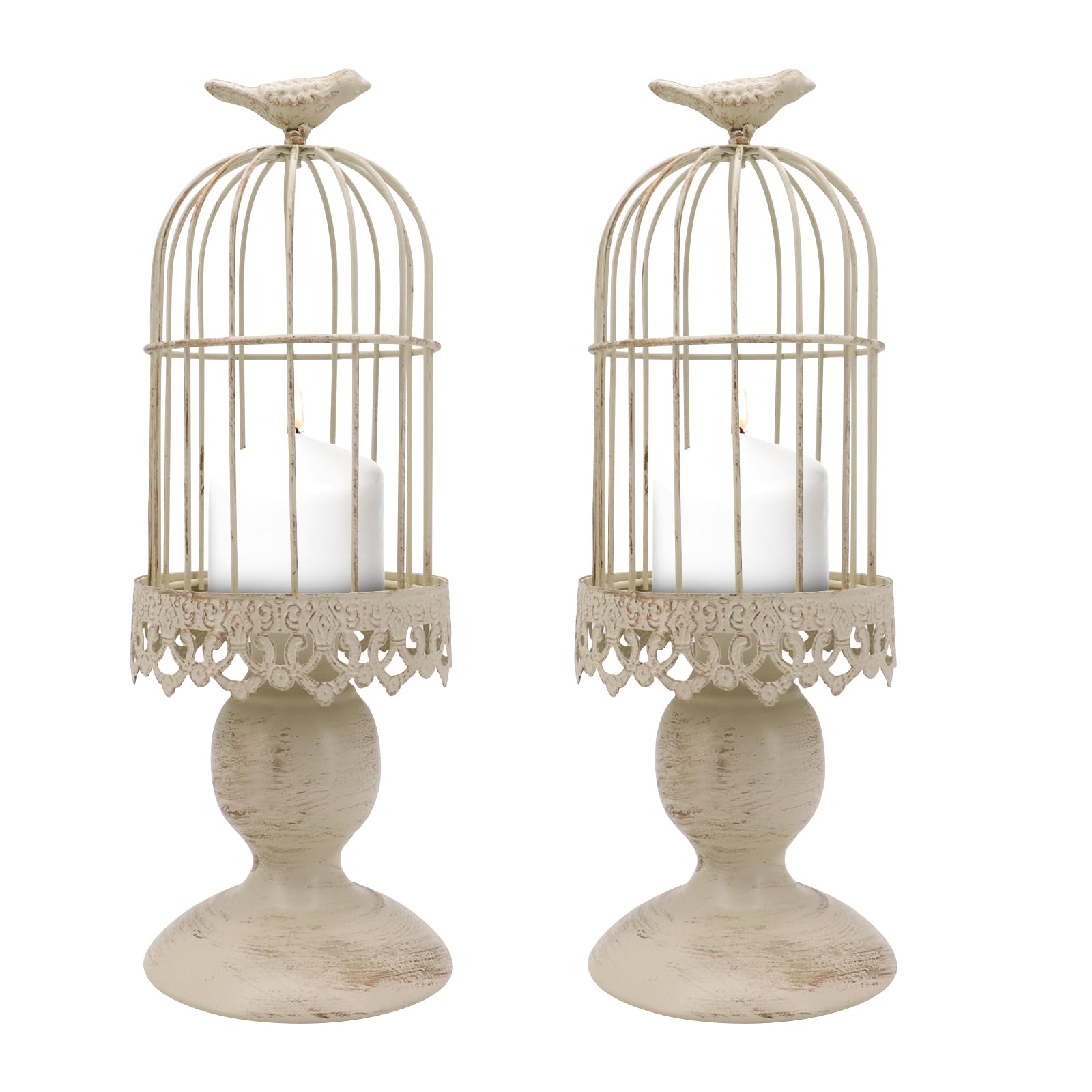 Vintage Bird Cage Candle Holder, 2 Pack Decorative Pillar Candle Holders for Home Living Room Wedding Decoration (Ivory)