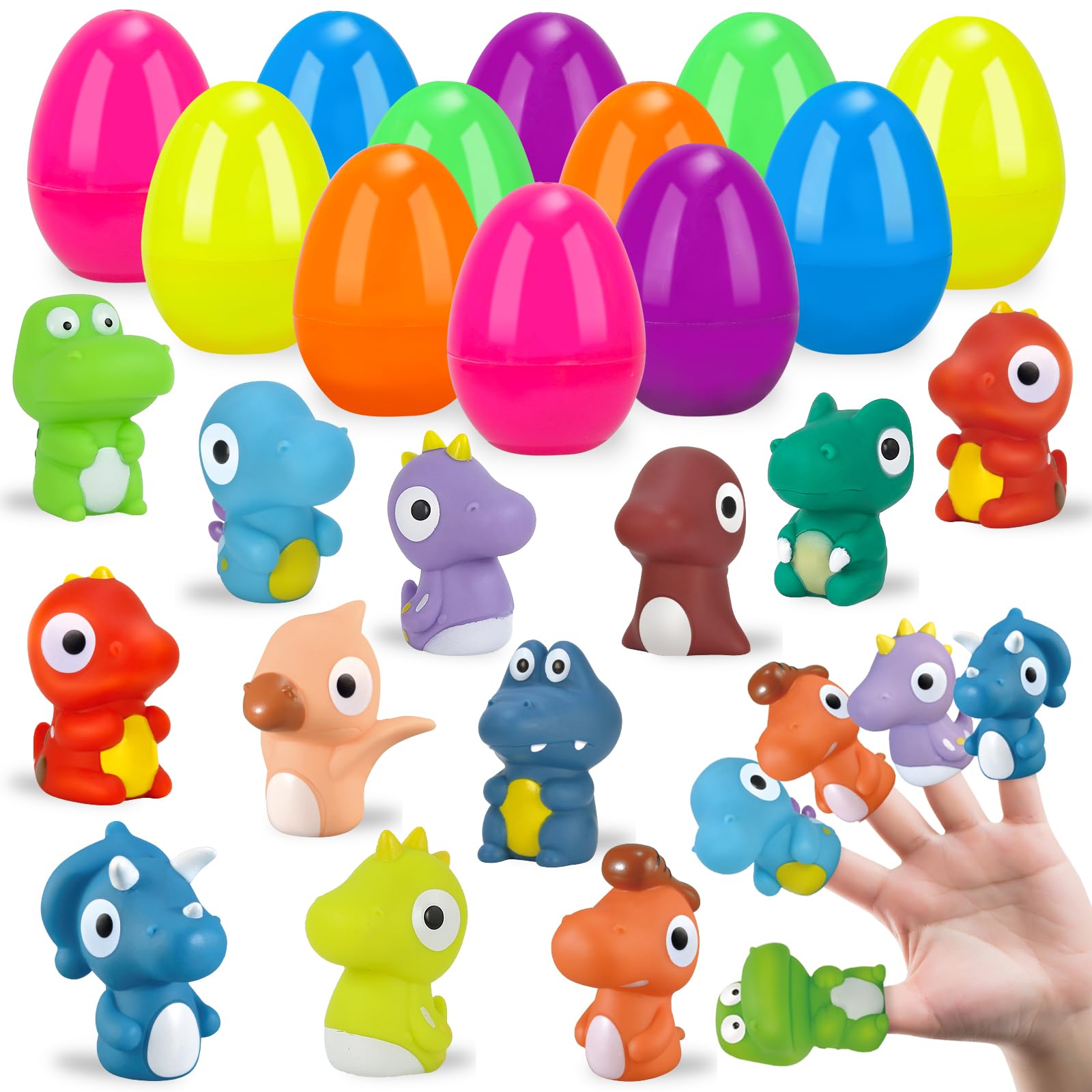 24 PCS Prefilled Easter Eggs with Dinosaur Finger Puppets, Easter Basket Stuffers for Kids Hunting Games, Easter Eggs with Toys Inside for Basket Stuffers Fillers
