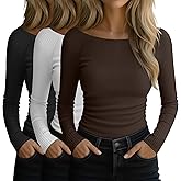 Sweetyweee 3 Pack Women's Long Sleeve Tops Ribbed Cotton Boat Neck Fitted T Shirts Basic Casual Ruched Tees