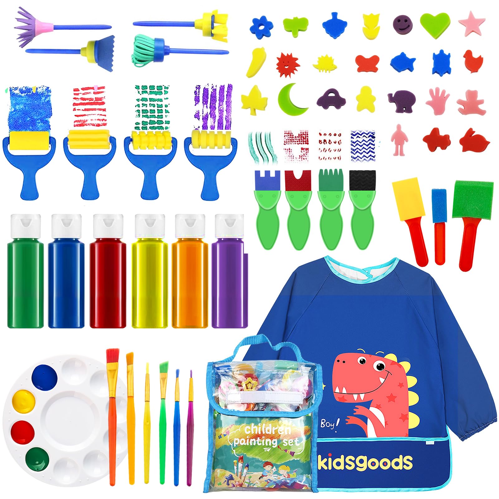 FALUCKYY Art Washable Finger Paint Set-54 PCS Kids Paint Set with Waterproof Apron & 24 Animal Patterns Baby Safe Painting Tools for Toddlers Early Learning Graffiti
