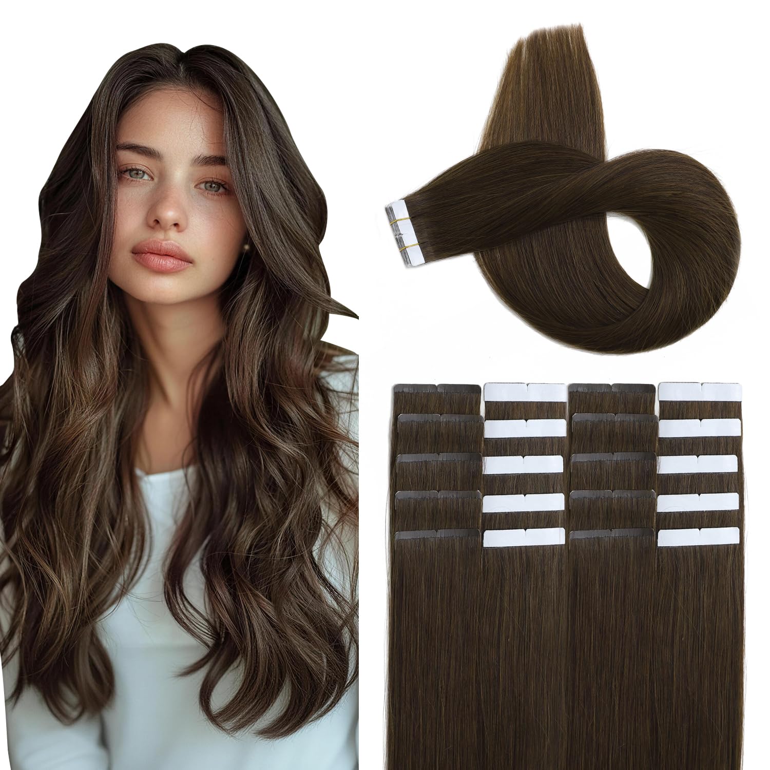 XDhair Tape in Real Human Hair Extensions 50g 18inch Medium Brown Silky Straight Tape in Real Human Hair Extensions for Fashion Women 20pcs (#4, 18Inch)