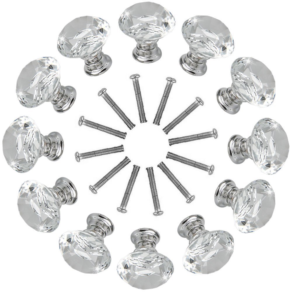 EEEKit 12-pack Crystal Glass Cabinet Knobs 30mm Diamond Shape Drawer Kitchen Cabinets Dresser Cupboard Wardrobe Pulls Handles