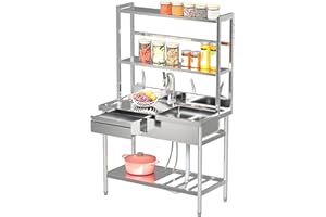 Toemics 39'' Stainless Steel Utility Sink, Free Standing Commercial Single Bowl Sink with Shelves & Left Drawer & Cold and Hot Water Pipe, Indoor and Outdoor Sink for Laundry Room, Garage, Kitchen