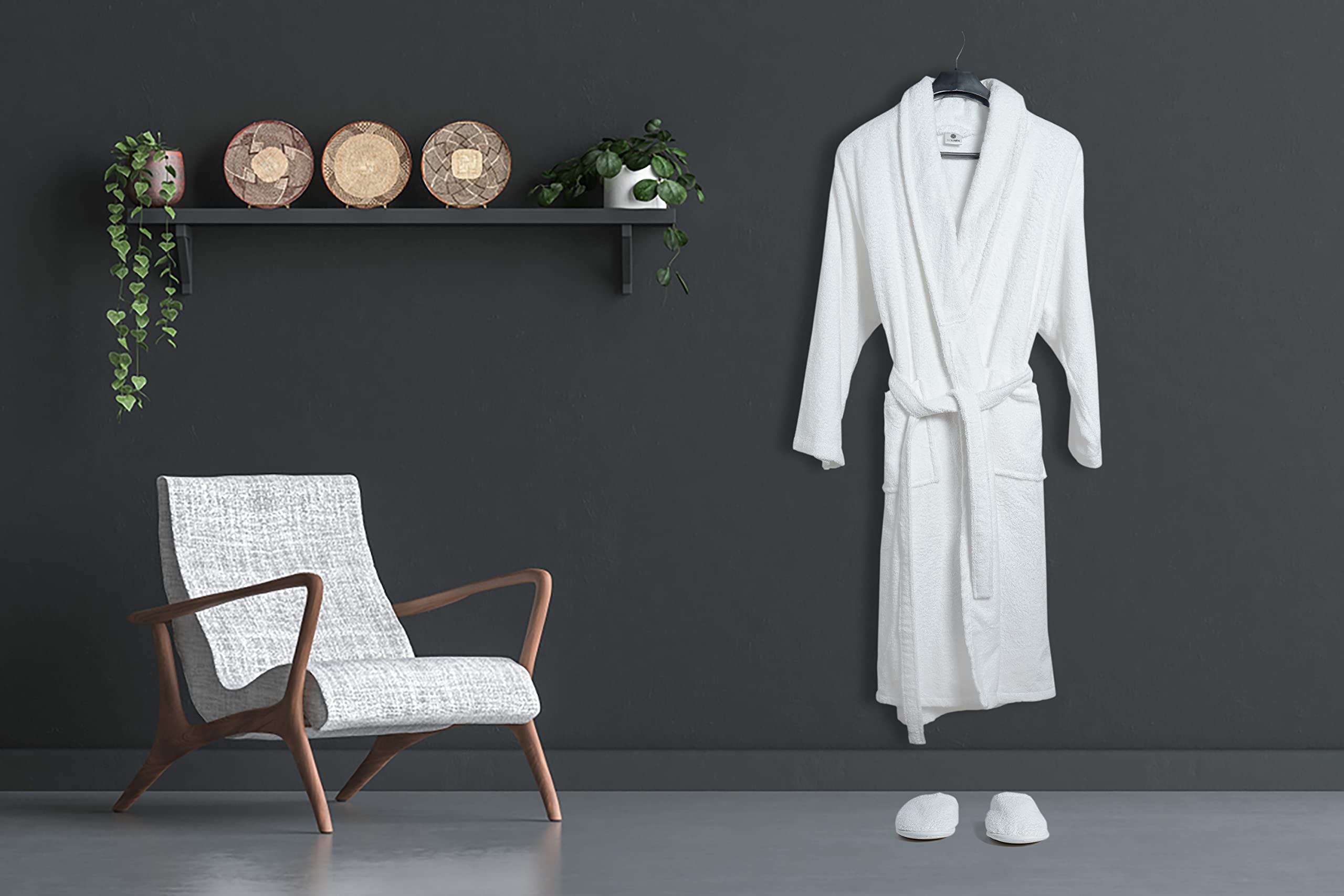 BIOLINEN 100% Cotton Terry Shawl Collar Bathrobe with Slippers – One Robe, Plush Spa Robe for Men & Women, Unisex One Size, White