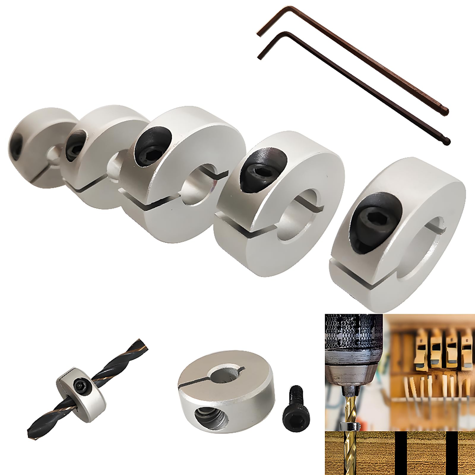 CESFONJER Drill Bit Depth Stop Collar Ring Positioner Spacing Ring Positioner Locator Durable Woodworking Drill Bit with Hex Wrench (6/8/10/12/14mm Drill Bit Depth Stop Collar)