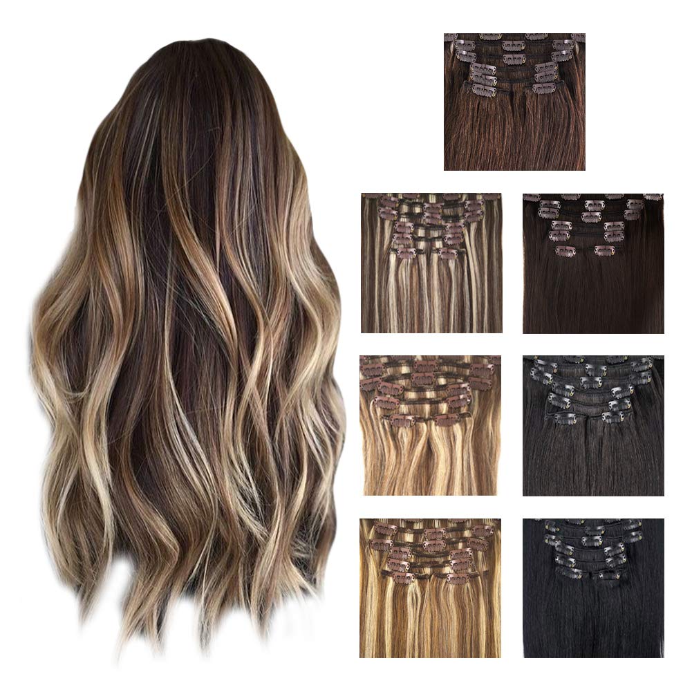Kun Na Clip in Hair Extensions Real Human Hair Remy Natural Straight Hair Extensions Full Head Seamless Clip on Hair 7Pcs Thin Weft Mix #4/613 Medium Brown & Bleach Blonde 16 inch-120g