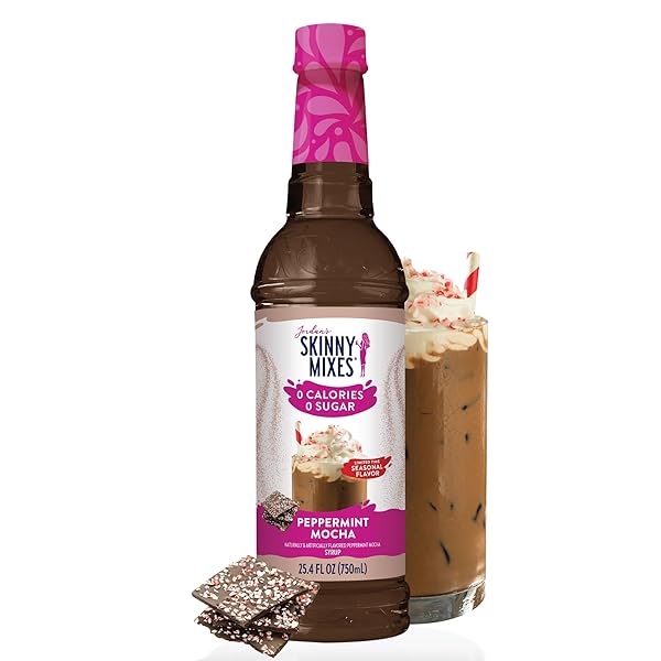 JORDAN’S SKINNY MIXES SUGAR FREE COFFEE SYRUP, HOLIDAY PEPPERMINT MOCHA COFFEE FLAVORING SYRUP, ZERO CALORIE DRINK MIX FOR LATTES, BAKING, PROTEIN SHAKE OR COCKTAIL, DAIRY & GLUTEN FREE, KOSHER, 25.4 FL OZ