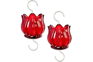 WOWARE Real Glass Ant Moat for Hummingbird Feeders & Oriole Feeders Glass Tulip Shape Insect Guard with Large Capacity Flower Design Nectar Feeder Accessory Hooks (Red, 2 Pack)