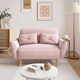 Brelice Loveseat Sofa, 47" Velvet Couch for Bedroom, Convertible Wooden Tray &amp; Ergonomic Armrest, for Small Space, Apartment, Living Room, Home Office, Easy Assembly, Pink