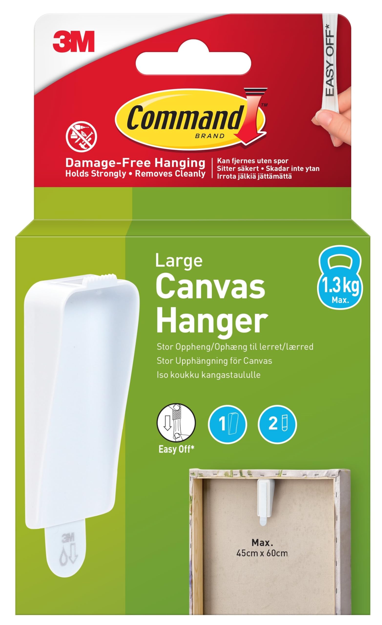 Command Large Canvas Hanger Hook, - 1 Hook and 2 Adhesive Strips, White - Damage Free Hanging - for Canvas Framed Pictures, Prints and Art - Holds up to 1.3kg