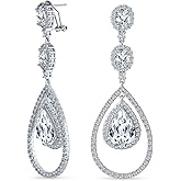Art Deco Style Wedding Simulated Gemstone Jewel Colors AAA Cubic Zirconia Double Halo Large Pear Teardrop CZ Statement Dangle Chandelier Earrings For Women Bridal Party Silver Plated