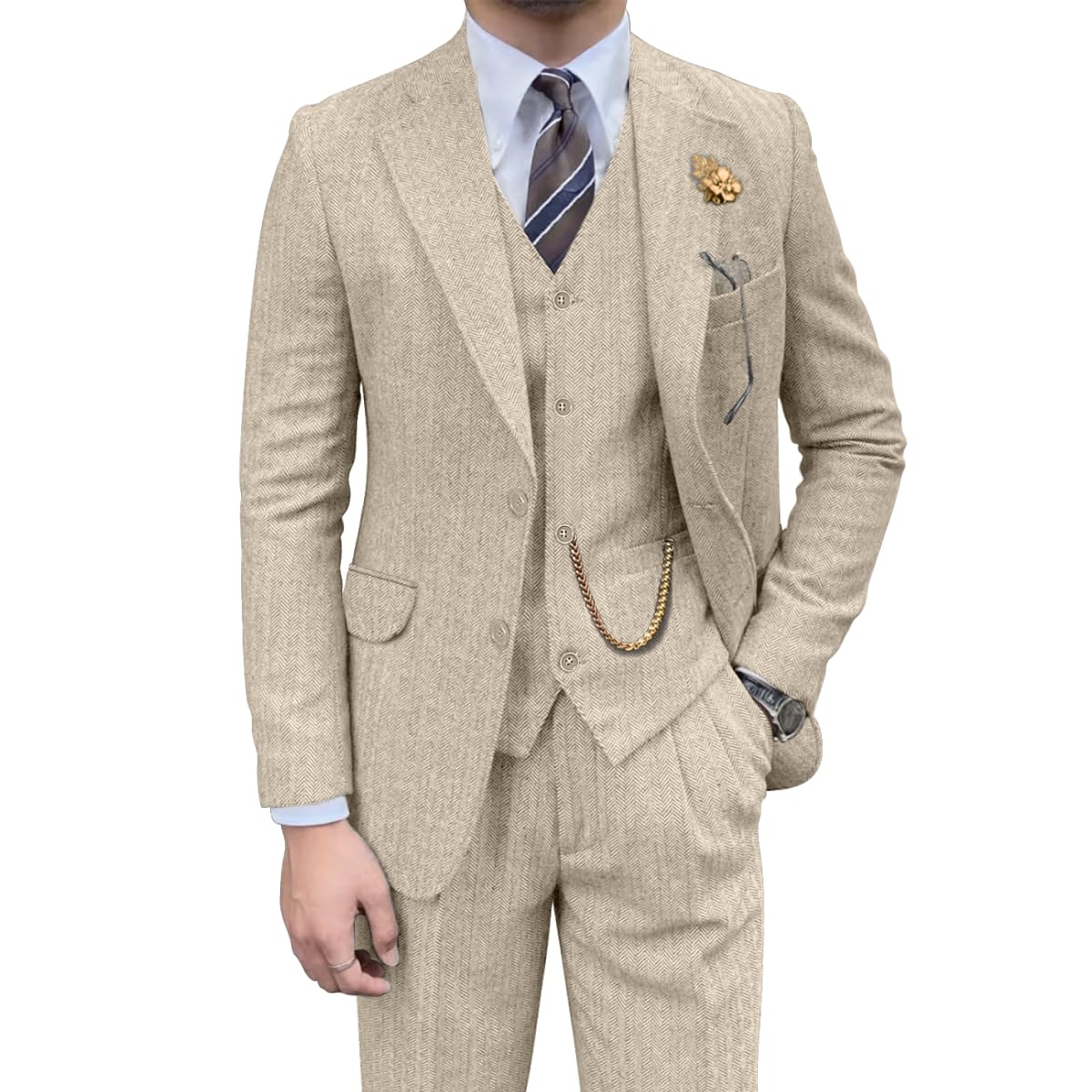 Mens Beige Tan Khaki CowboyTuxedo Suit – Western Formal Three Piece Suit with Jacket Vest and Pants