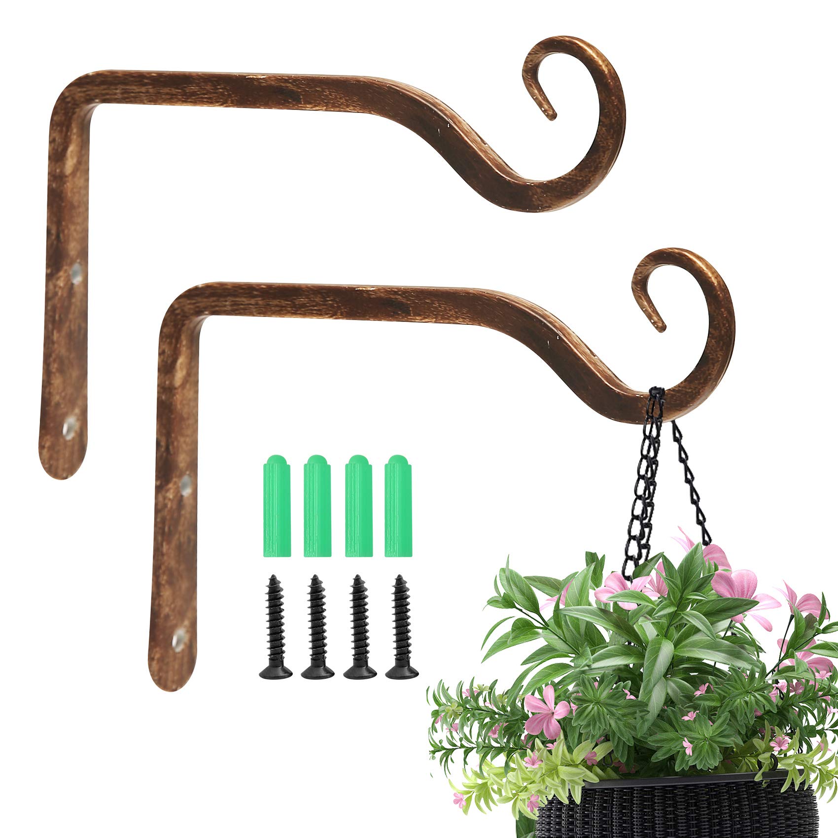 Photo 1 of Jardim 2 Pack 6 Inch Premium Decorative Metal Iron Wall Hook, Indoor Outdoor Plant Hanger, Rustic Hanging Gardening Bracket Hook, for Planters, Bird Feeders, Lanterns, Wind Chimes (Coffee)