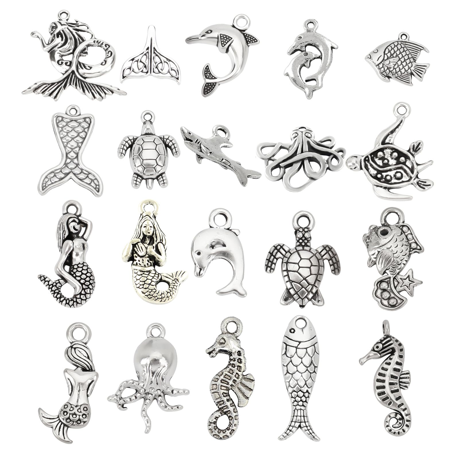 SUNNYCLUE 1 Box 80Pcs 20 Styles Sea Animals Charms Ocean Fish Alloy Pendants Beads Mermaid Dolphin Turtle Shark Hawaiian Beach Tibetan Style for DIY Jewelry Making Crafts Supplies, Antique Silver