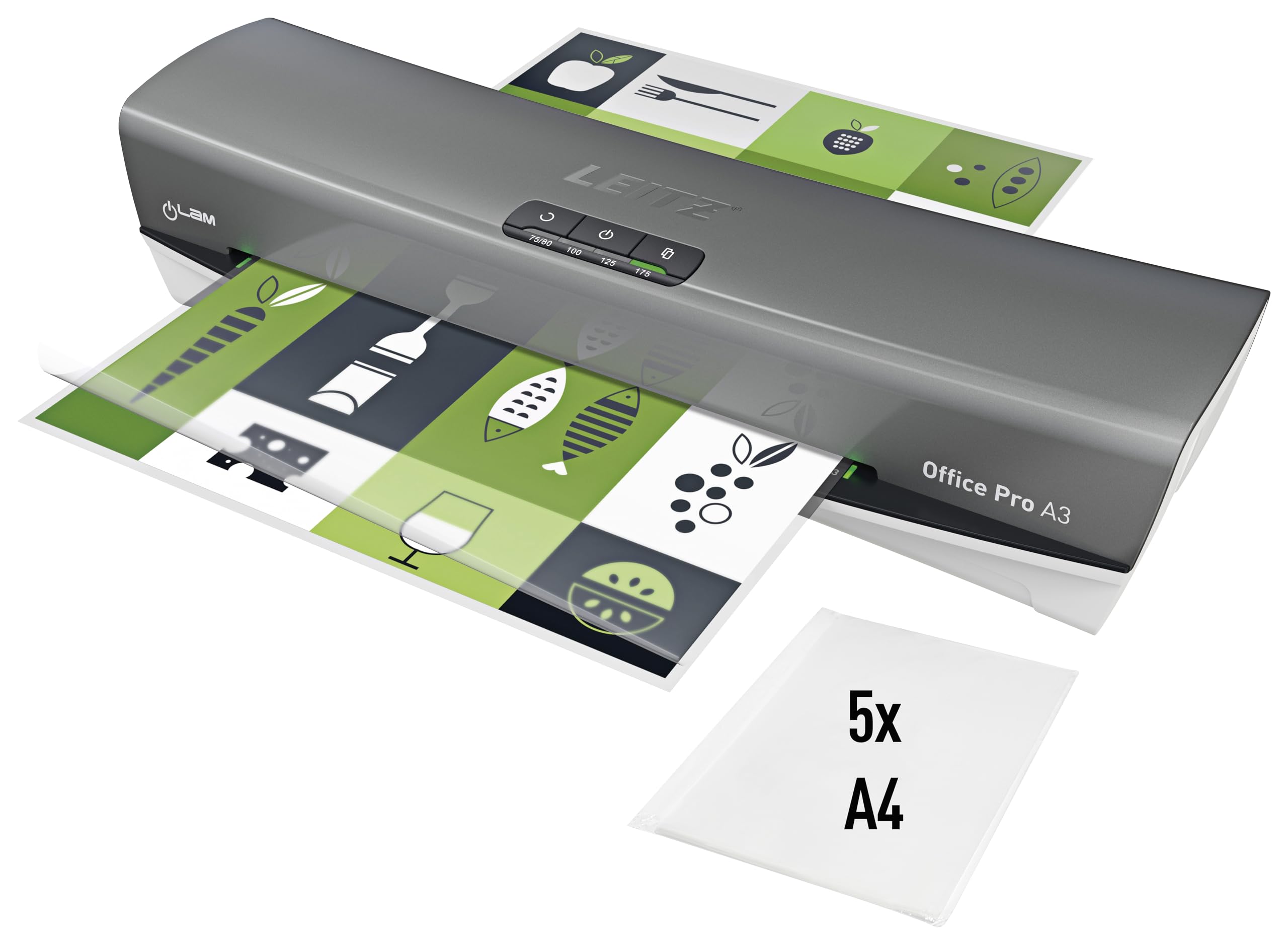 Leitz iLAM Office Pro A3 Laminiergerät, ultraschnelle Aufwärmzeit von 1 Min, für 75-175 mic Folien, Eingabehilfen-LEDs & LED-Status, Anti-Stau, Auto-Abschaltung, Hüllen-Starterkit, Grau/Weiß, 75180084