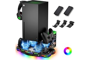 ZAONOOL Cooling Fan Charging Stand for Xbox Series X Console and Controller - Vertical Cooler System & Charger Station with 15 RGB Light Modes, 2 Batteries and 3 Holders for Xbox Series X Accessories Storage