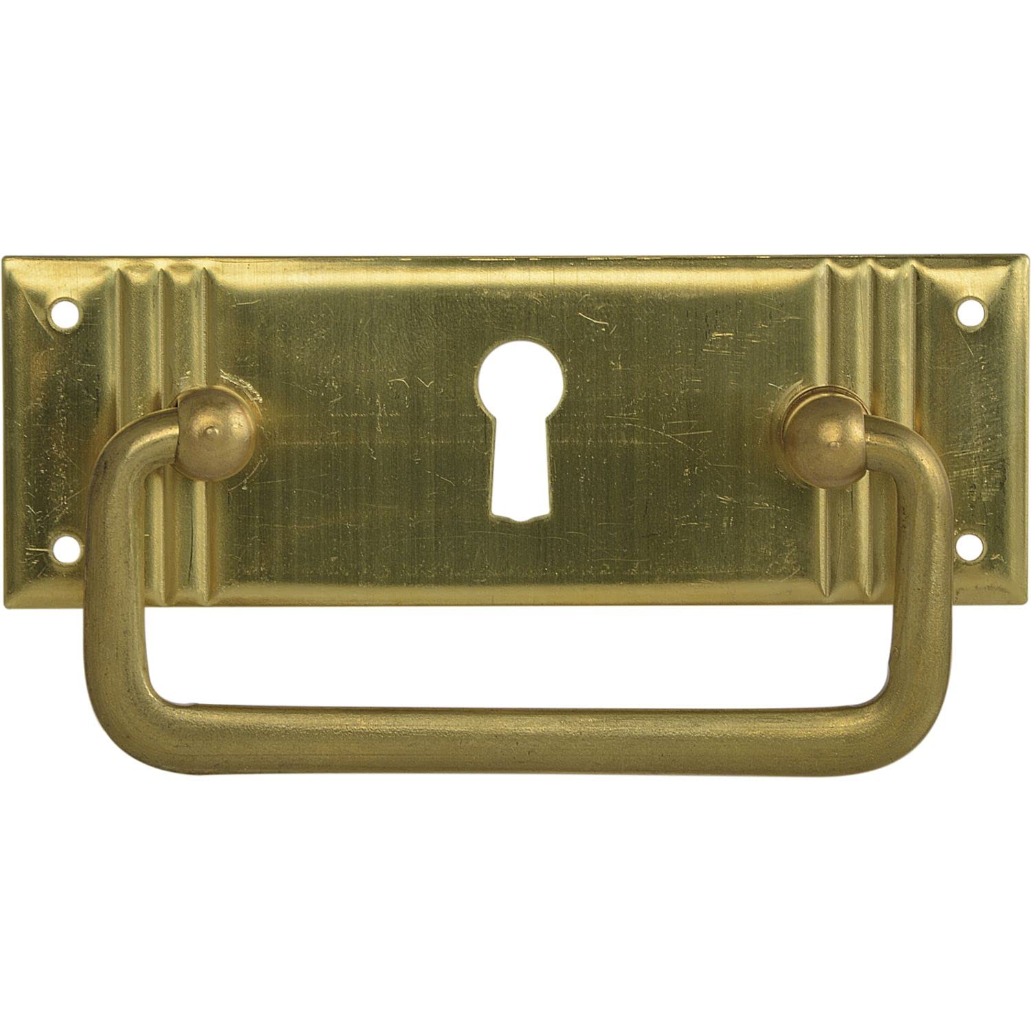 Schorgöhfer & Frehe Furniture Handle Country House Style LA 59 mm - Large Folding Handle with Keyhole - Cabinet Handle Lying Down Width 96 mm, Height 33 mm, Raw Brass