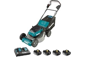 Makita 36V LXT Brushless 21" Self-Propelled Lawn Mower, Steel Deck, 42.6 kg, 10 Cutting Positions, Kit with Four 5.0Ah Batter