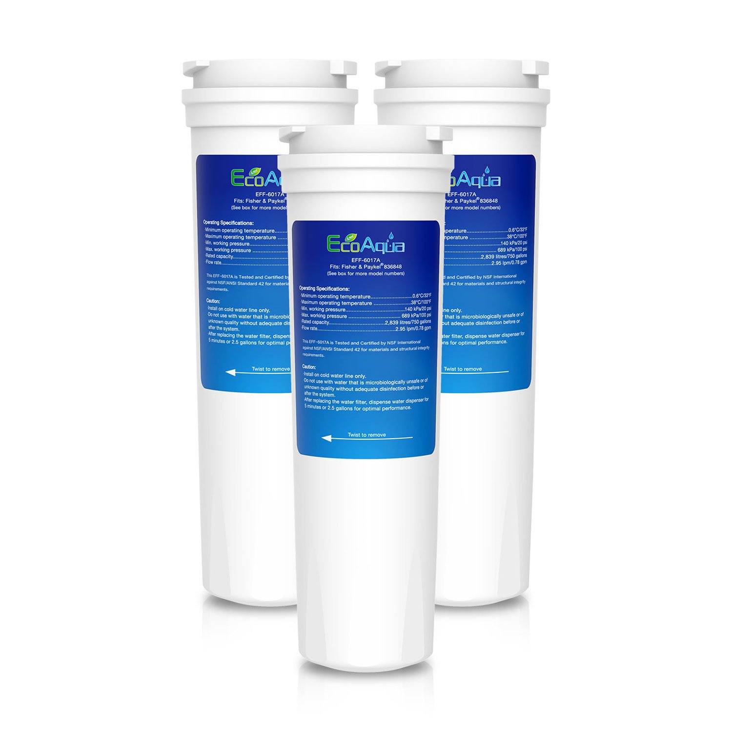 EcoAqua EFF-6017A Fridge Water Filter Compatible with Fisher & Paykel 836848, 836860, Amana, Clean 'n Clear, 67003662, PS2067635, 1197601, RO185011, RO185014, WF60, C2 (3)