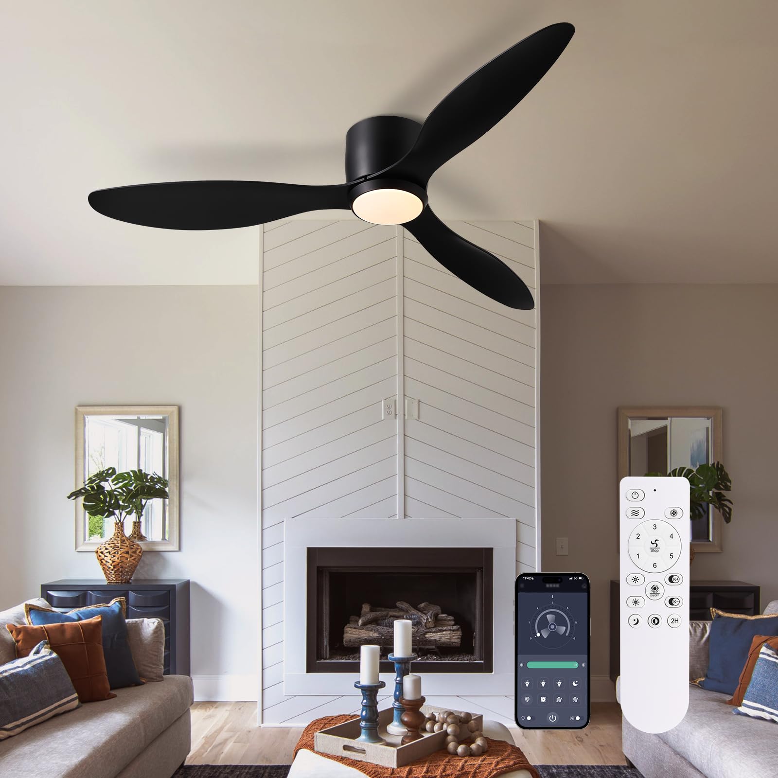 Photo 1 of LUDOMIDE Ceiling Fans with Lights, Low Noise Reversible Airflow DC Motor 52 Inch Ceiling Fan with Remote Control, Flush Mount Ceiling Fan for for Indoor Outdoor