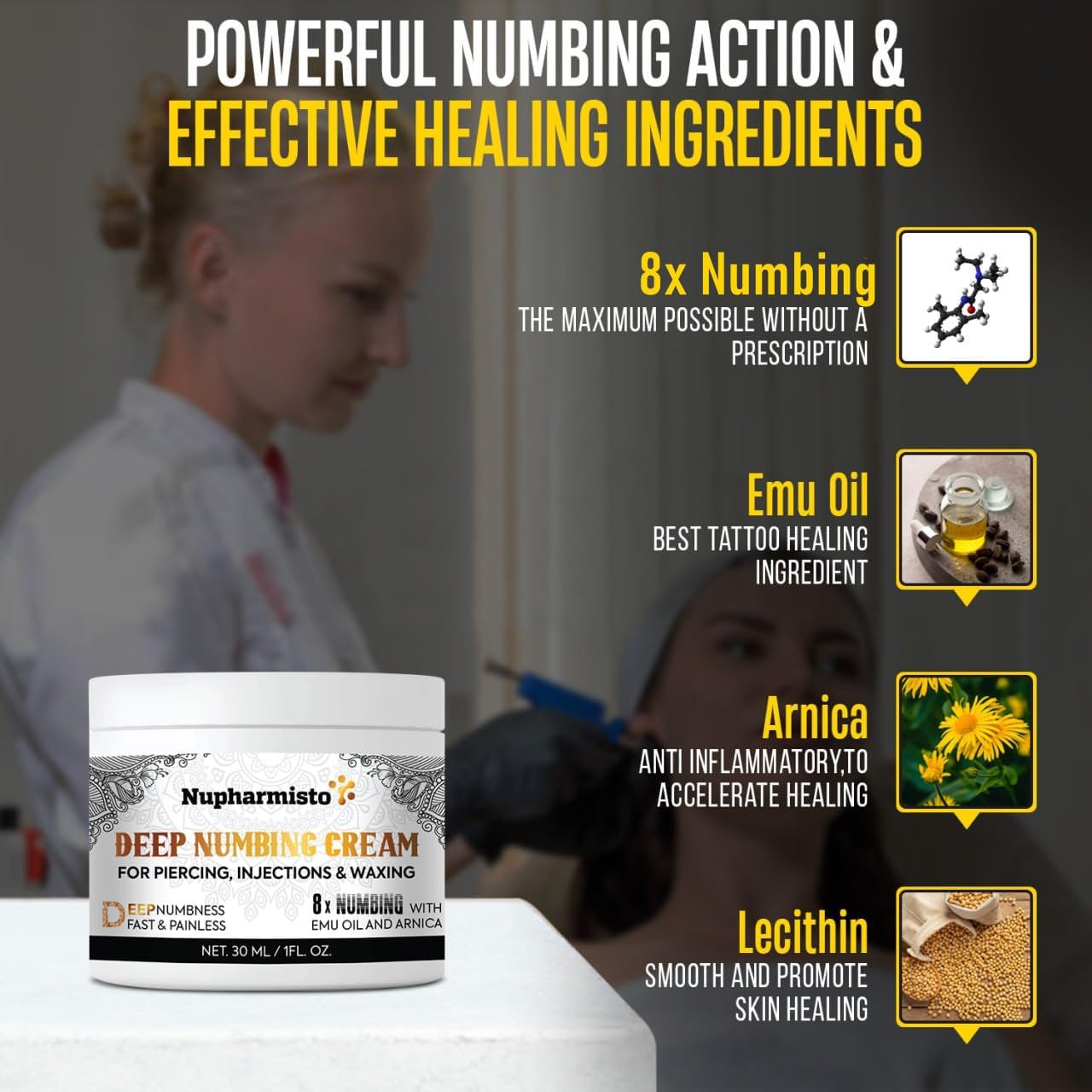 Deep Numbing Cream for Piercing, Injections& Tattoos, Fast Numbing for Waxing, 7 Hours Maximum Strength Numbing Cream for Injections, 8x Numbing with Emu Oil and Arnica. 30ml/1floz