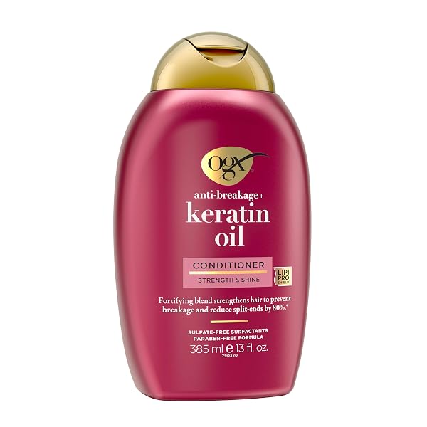 OGX ANTI-BREAKAGE + KERATIN OIL FORTIFYING ANTI-FRIZZ CONDITIONER FOR DAMAGED HAIR & SPLIT ENDS, WITH KERATIN PROTEINS & ARGAN OIL, PARABEN-FREE, SULFATE-FREE SURFACTANTS