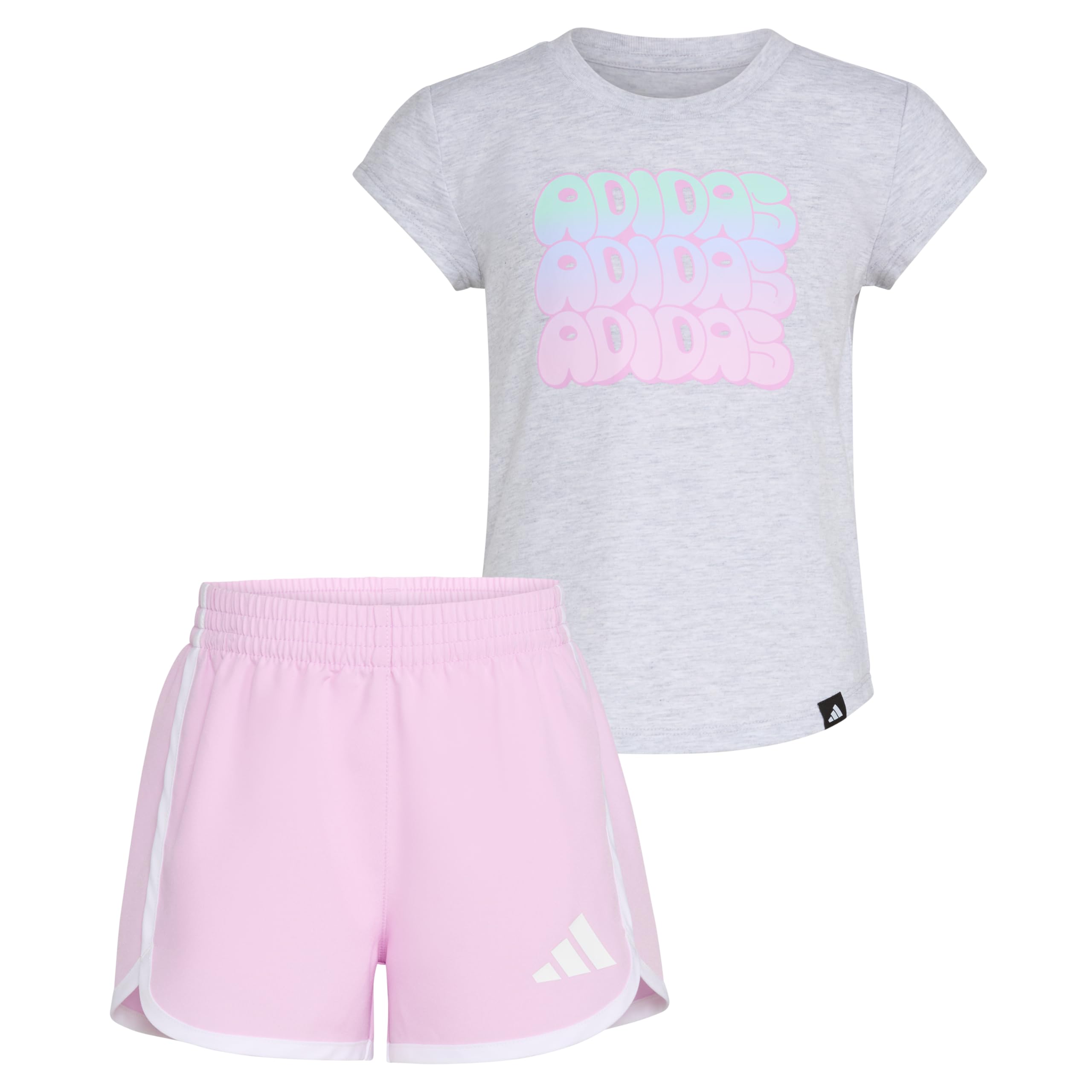 adidas Girls’ Cap Sleeve Heather Tee Shirt and Woven Short Set, Light Grey Heather, 5