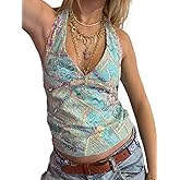 Women Y2k Sequin Halter Cami Top Sleeveless Open Back Tank Top Glitter Rhinestone Camisole Summer Streetwear