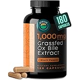 Grass-Fed Ox Bile Extract 1000mg Bile Salts Supplements with Black Pepper. Supports Digestive Health - 180 Count