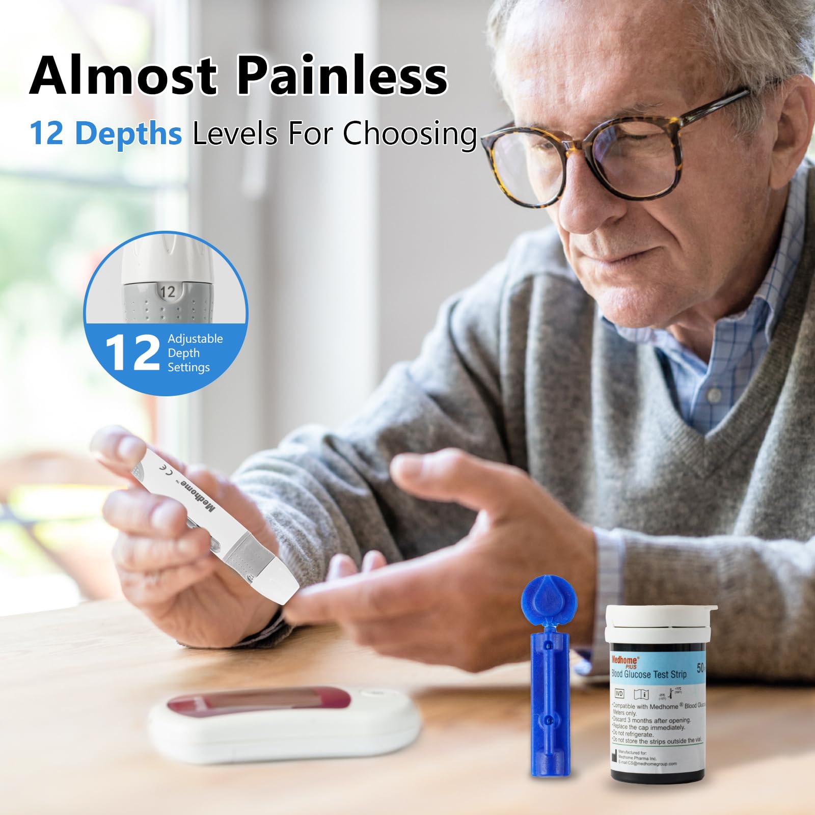 Medhome Lancing Device, with 12 Adjustable Depth Settings, Lancing Device for Diabetes Testing with Push Button Ejector,Minimizing Pain and Discomfort in Blood Glucose Testing - Lancet Device