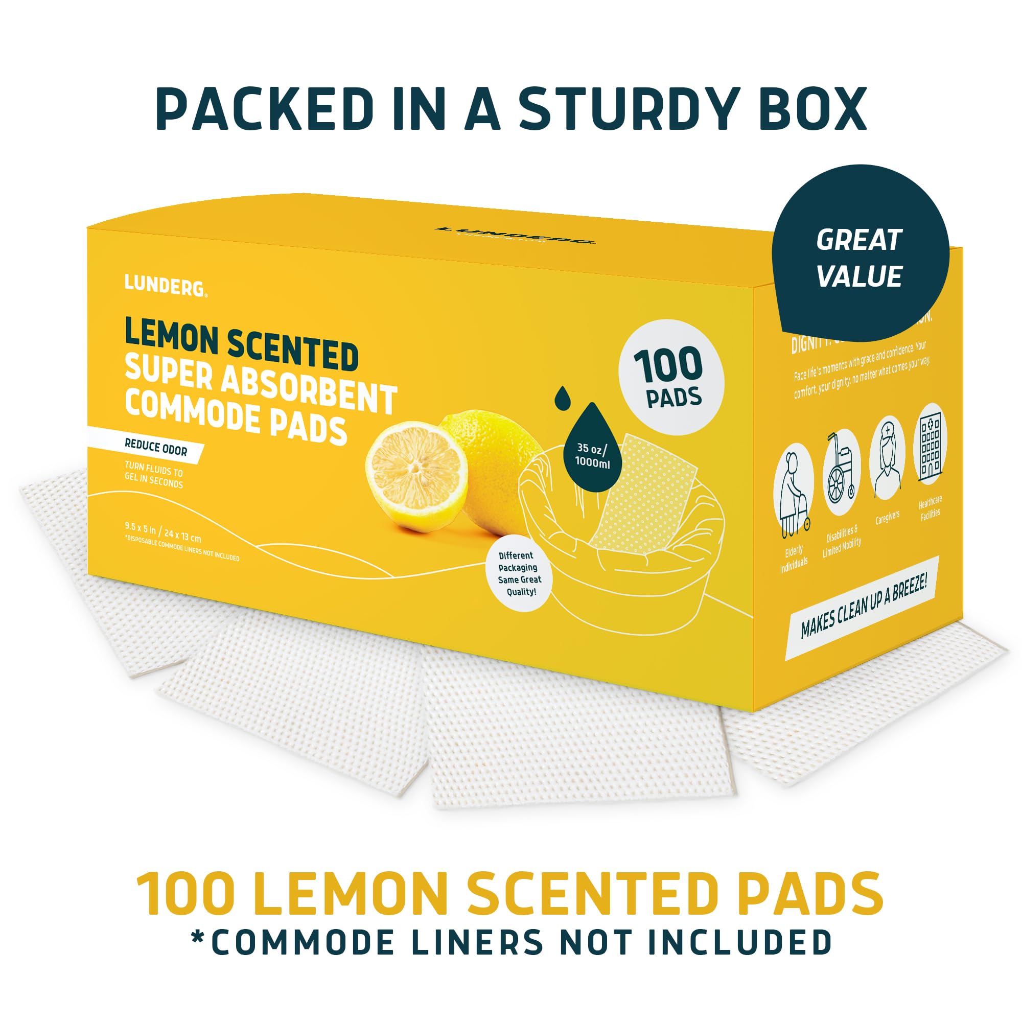 Lunderg Lemon Scented Super Absorbent Commode Pads - Medical Grade Value Pack 100 Count - for Disposable Bedside Commode Liners, Adult Chairs, Portable Buckets & Camping Toilet Bags - Light Scent
