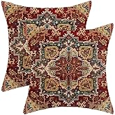 BETGINY Boho Pillow Covers 18 x 18 Inch Pack of 2, Burgundy Red Bohemian Rug Carpet Pattern Decorative Throw Pillow Cases Outdoor Linen Farmhouse Cushion Cover for Bedroom Home Sofa Decor