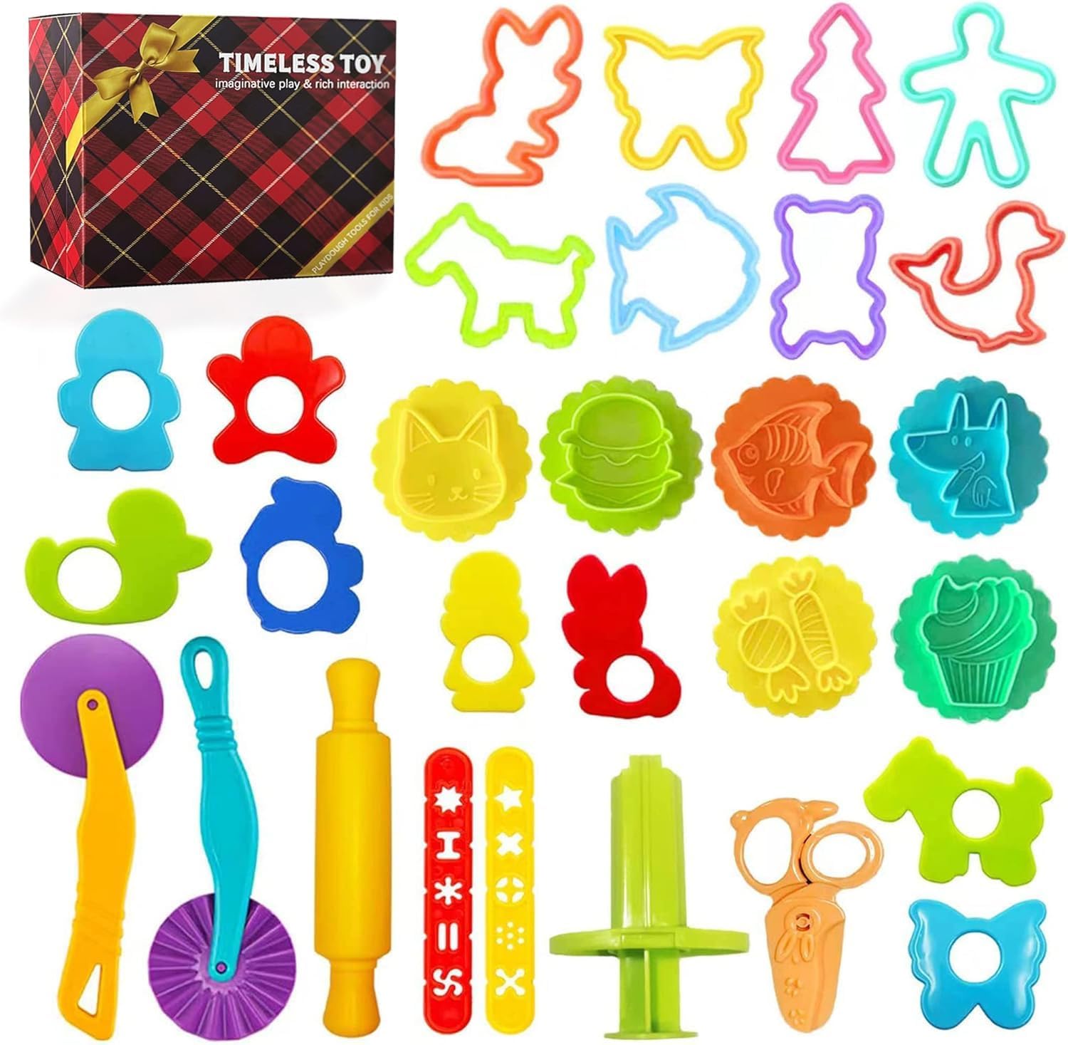 29PCS Play Dough Tools Set, Kids Clay Molds Kit with Cutters Roller, Rolling Pins, Safety Scissors and Extruder Storage Box, Non-Toxic ASTM Certified, Toys for Toddlers Boys Girls Ages 3-8